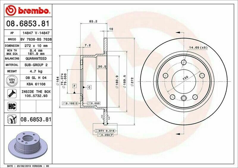 BMW Brembo Disc Brake Rotor – Rear (272mm) 34216794298