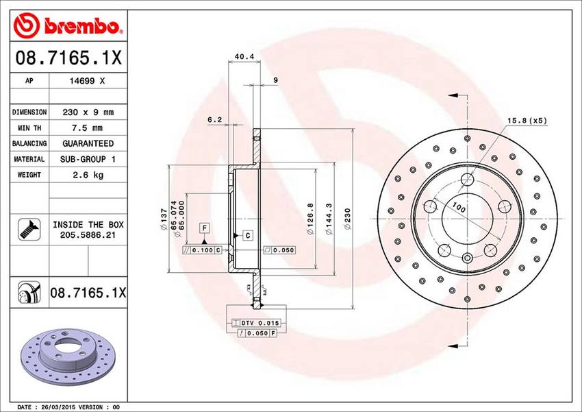 Audi VW Brembo Disc Brake Rotor – Rear (232mm) (Cross-Drilled)