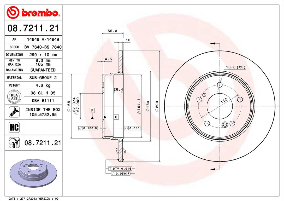 Mercedes Brembo Disc Brake Rotor – Rear (290mm) 210423101264