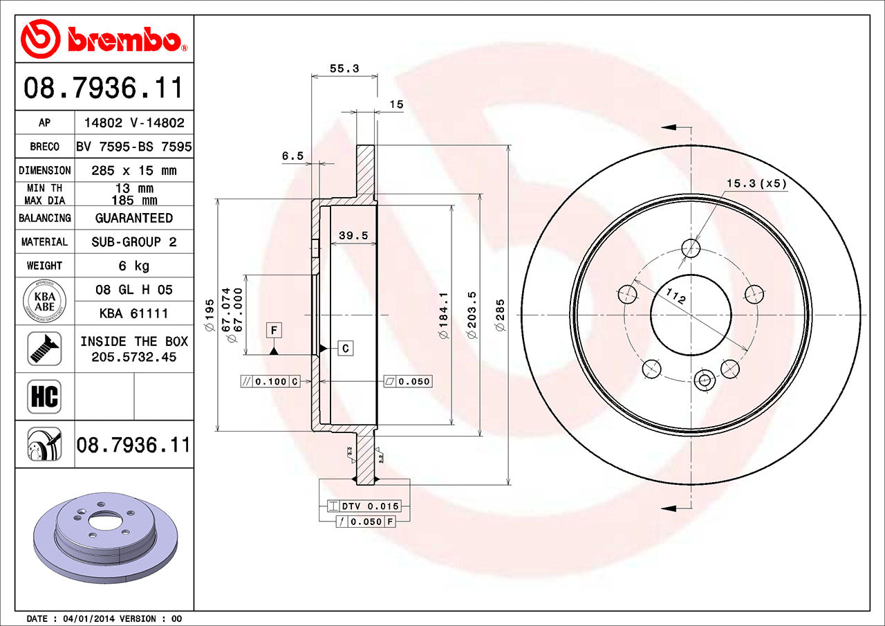 Mercedes Brembo Disc Brake Rotor – Rear (285mm) 1634230112