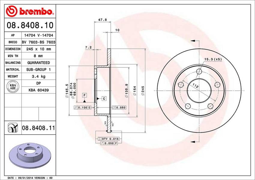 Audi VW Brembo Disc Brake Rotor – Rear (245mm) 8D0615601A