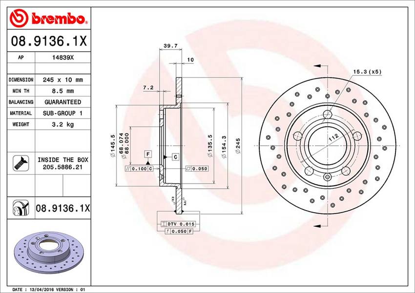 Audi Brembo Disc Brake Rotor – Rear (245mm) 8E0615601P