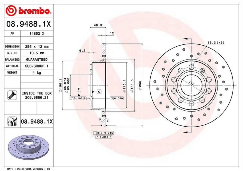 VW Brembo Disc Brake Rotor – Rear (260mm) (Cross-Drilled) 1K0615601AJ