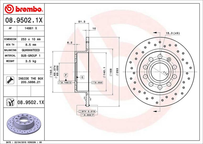 Audi VW Brembo Disc Brake Rotor – Rear (253mm) 5Q0615601F