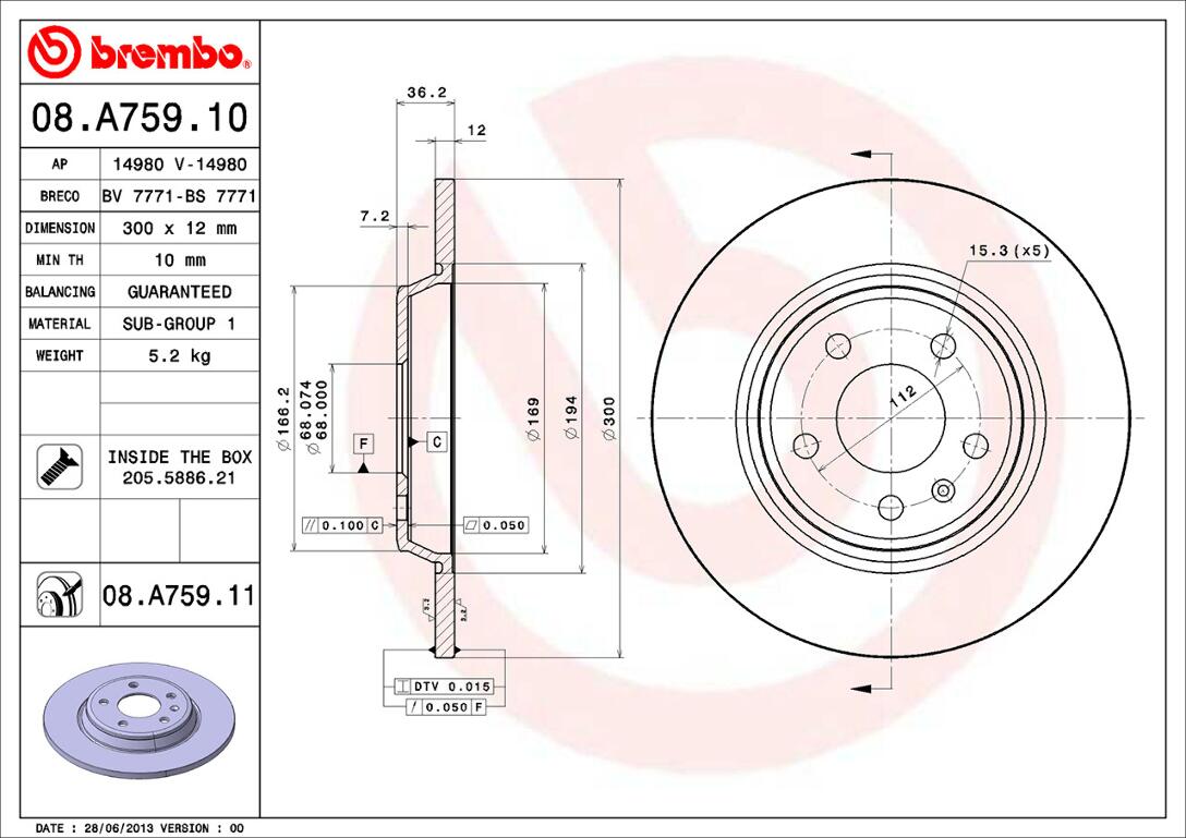 Audi Brembo Disc Brake Rotor – Rear (300mm) 8K0615601M