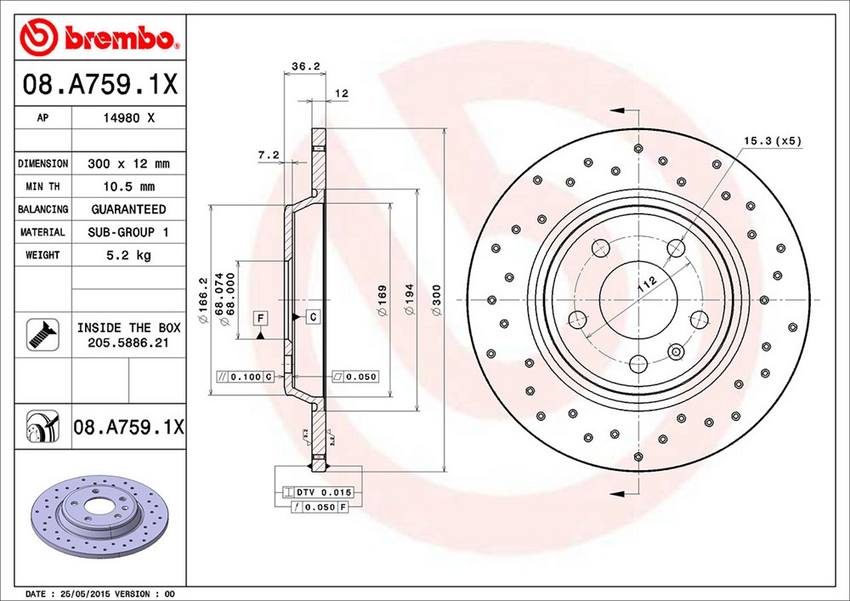 Audi Brembo Disc Brake Rotor – Rear (300mm) 8K0615601M