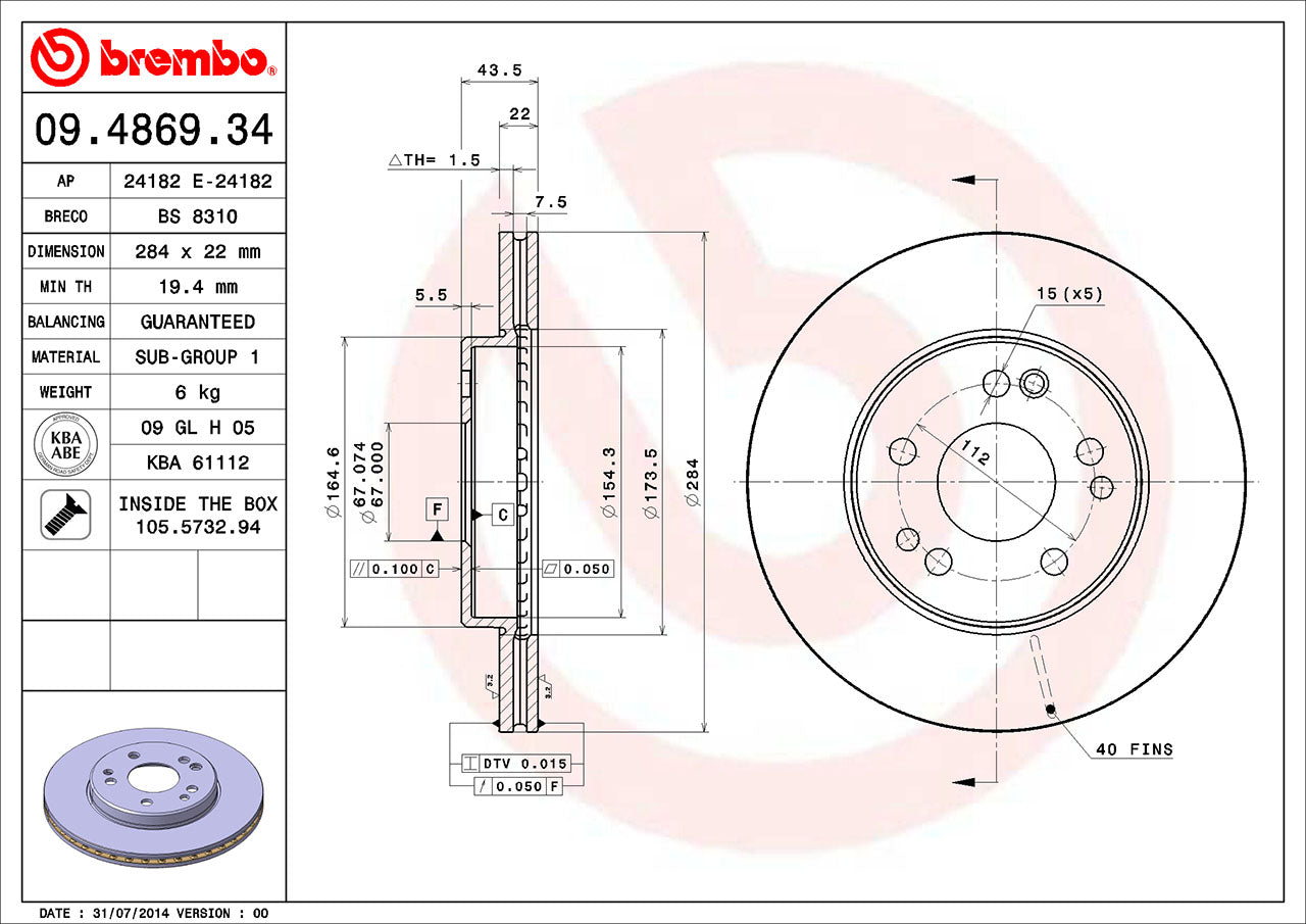 Mercedes Brembo Disc Brake Rotor – Front (284mm) 124421161264