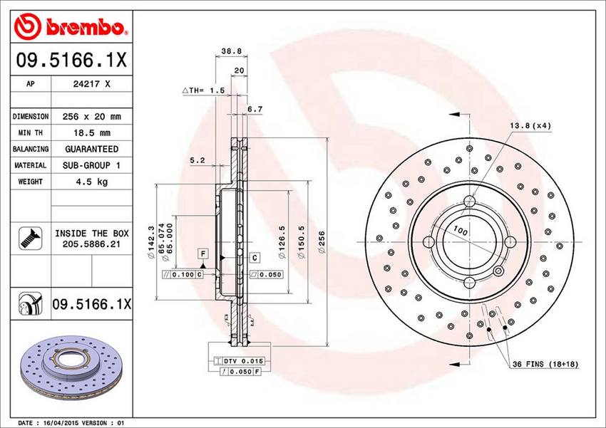 VW Brembo Disc Brake Rotor – Front (256mm) (Cross-Drilled) 6N0615301D