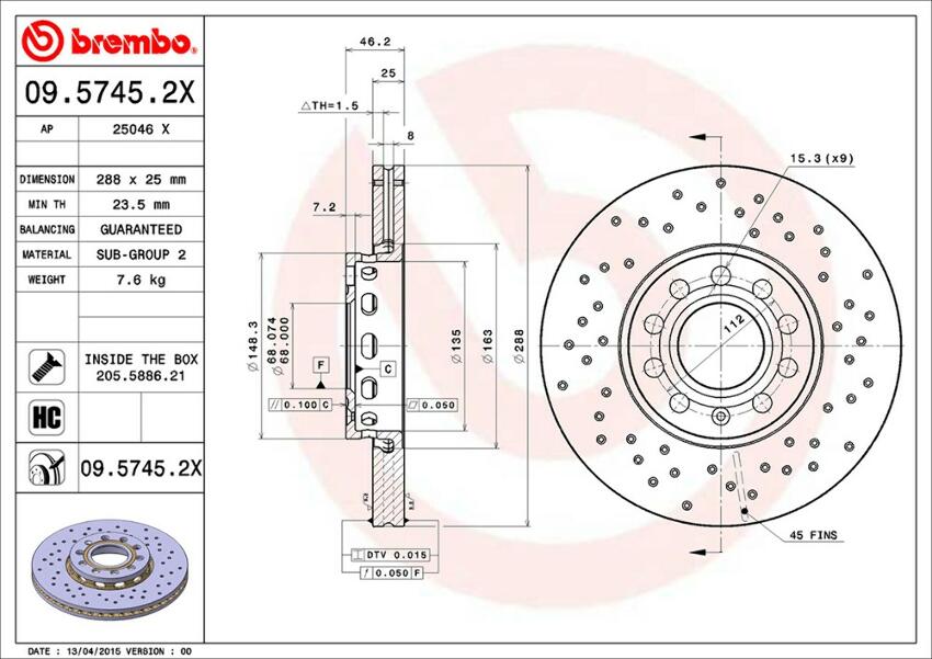 Audi VW Brembo Disc Brake Rotor – Front (288mm) 8E0615301Q