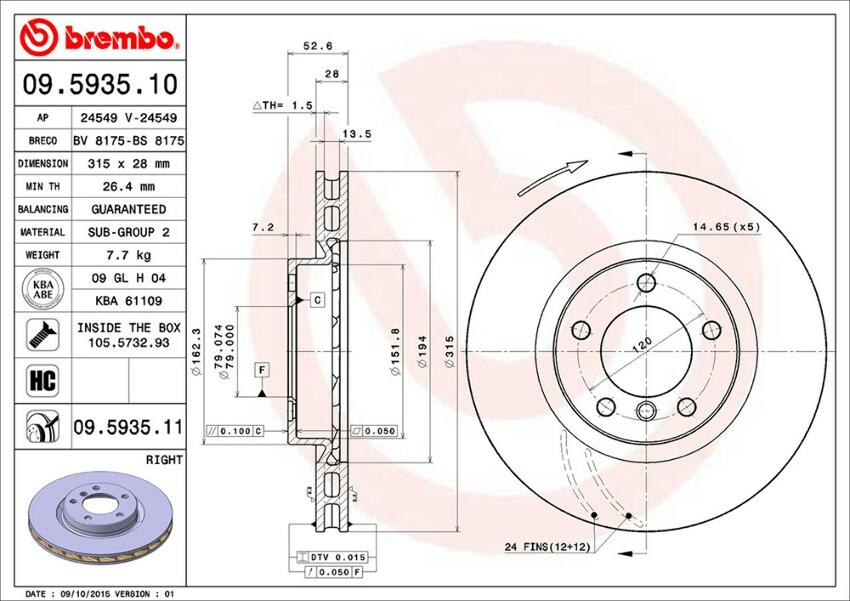 BMW Brembo Disc Brake Rotor – Front Passenger Side (315mm) 34112227738