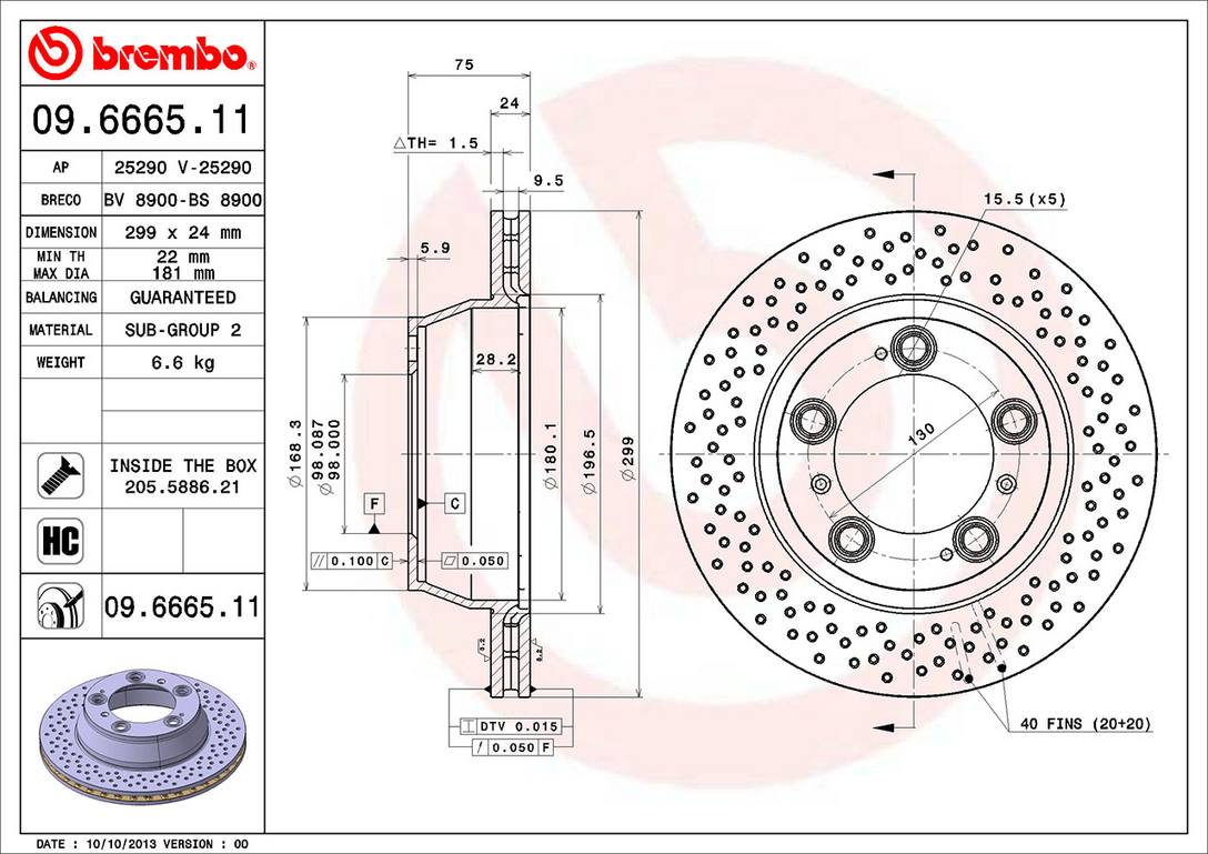 Porsche Brembo Disc Brake Rotor – Rear (299mm) (Cross-Drilled) 99635240104