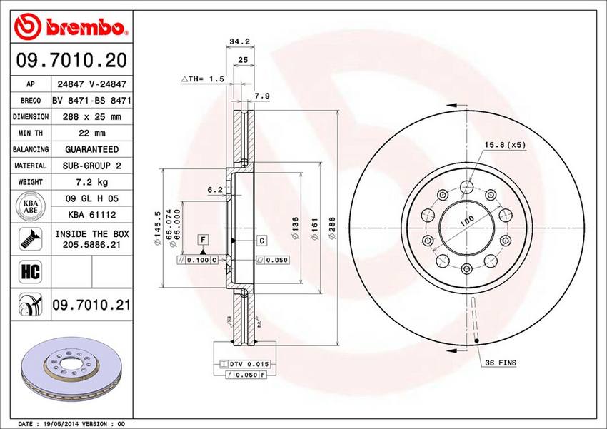 VW Brembo Disc Brake Rotor – Front (288mm) 6R0615301D