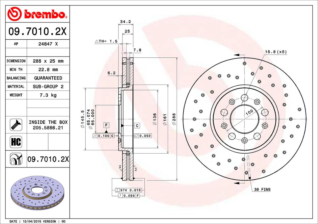 VW Brembo Disc Brake Rotor – Front (288mm) (Cross-Drilled) 6R0615301D