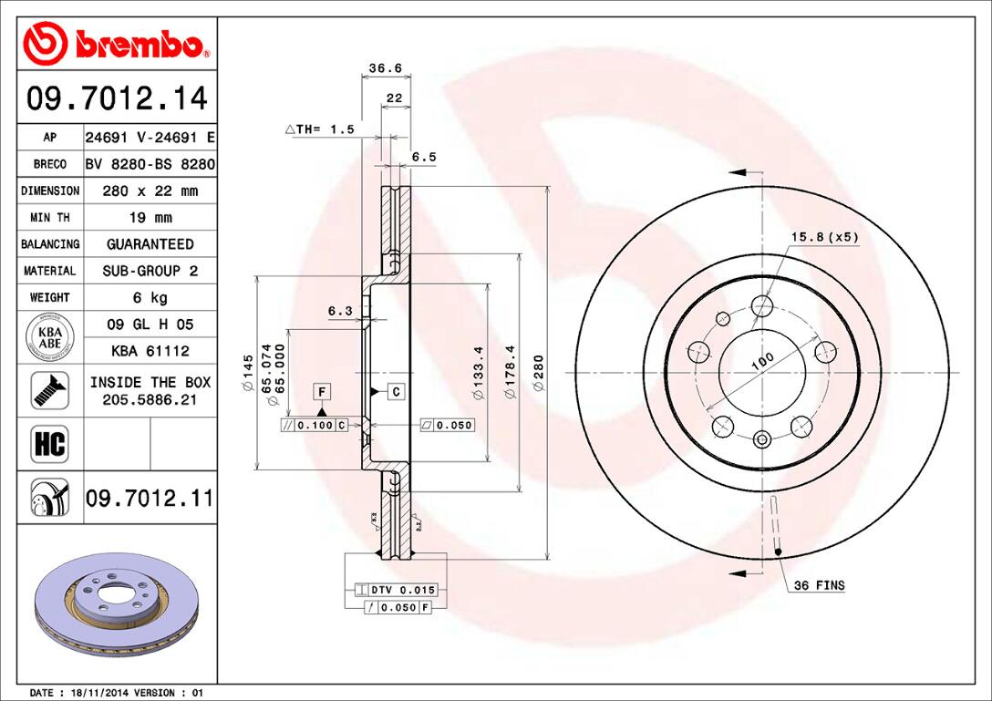 VW Brembo Disc Brake Rotor – Front (280mm) 1J0615301P