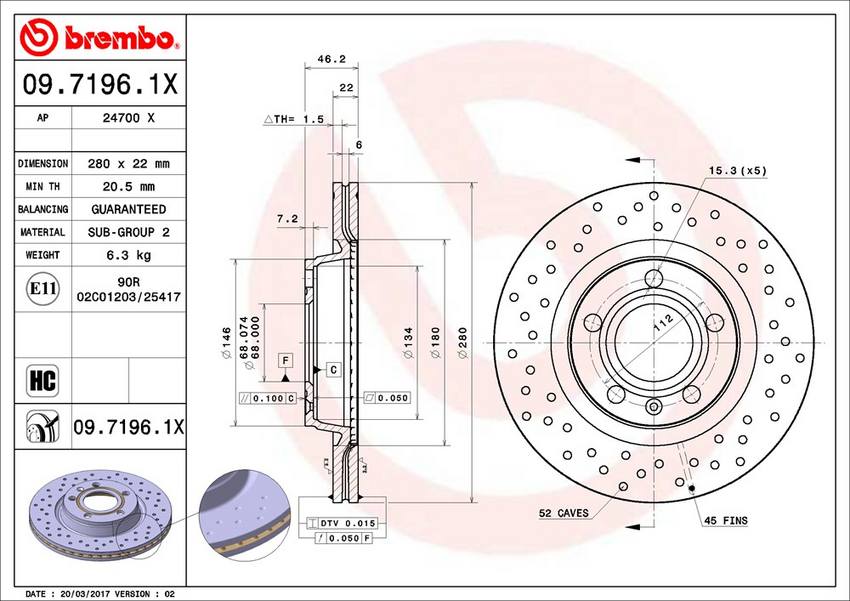 Audi Brembo Disc Brake Rotor – Rear (280mm) (Cross-Drilled) 8E0615301P