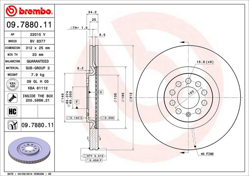 Audi VW Brembo Disc Brake Rotor – Front (312mm) 8N0615301A