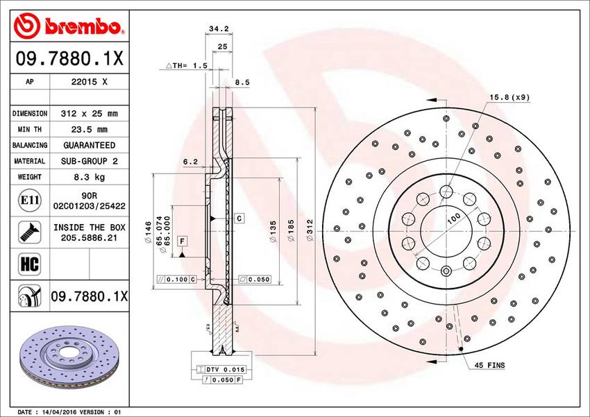 Audi VW Brembo Disc Brake Rotor – Front (312mm) 8N0615301A