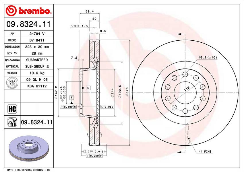 Audi Brembo Disc Brake Rotor – Front (323mm) 4D0615301A