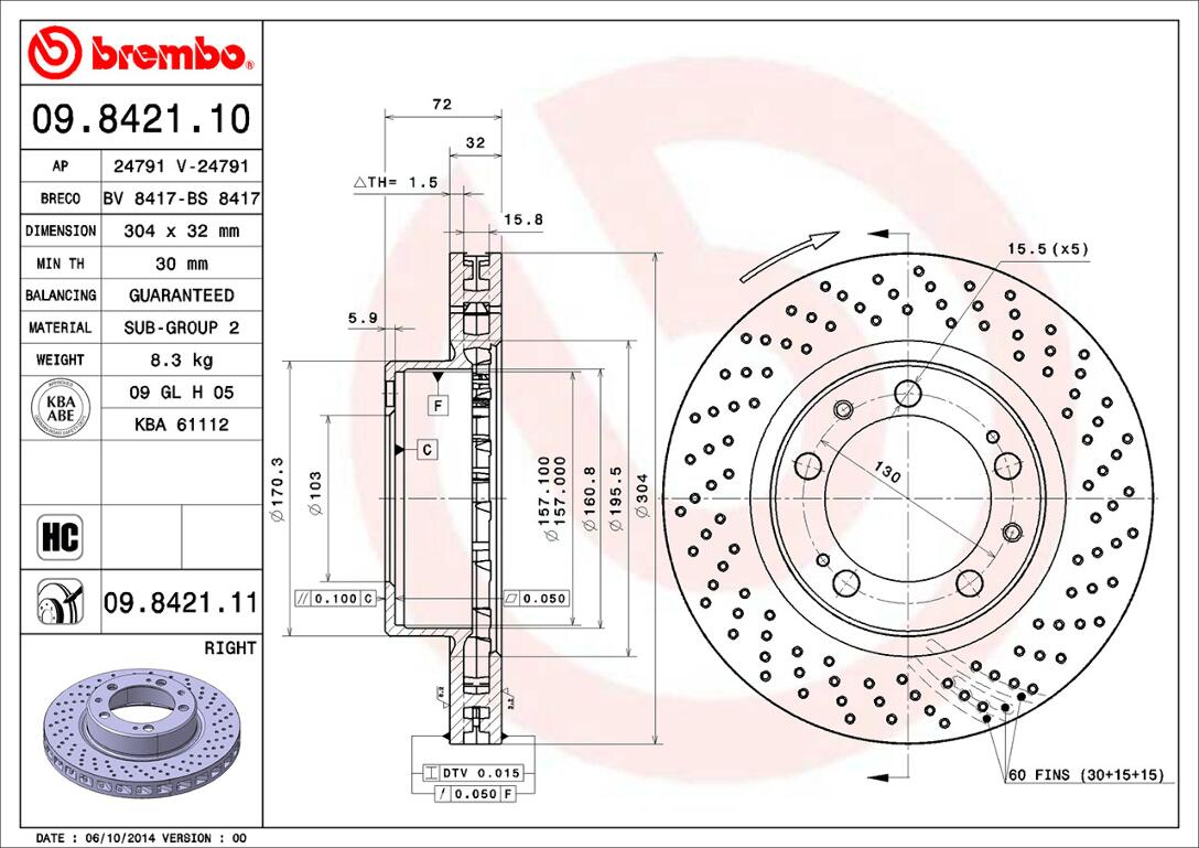 Porsche Brembo Disc Brake Rotor – Front Passenger Side (304mm) 99335104401