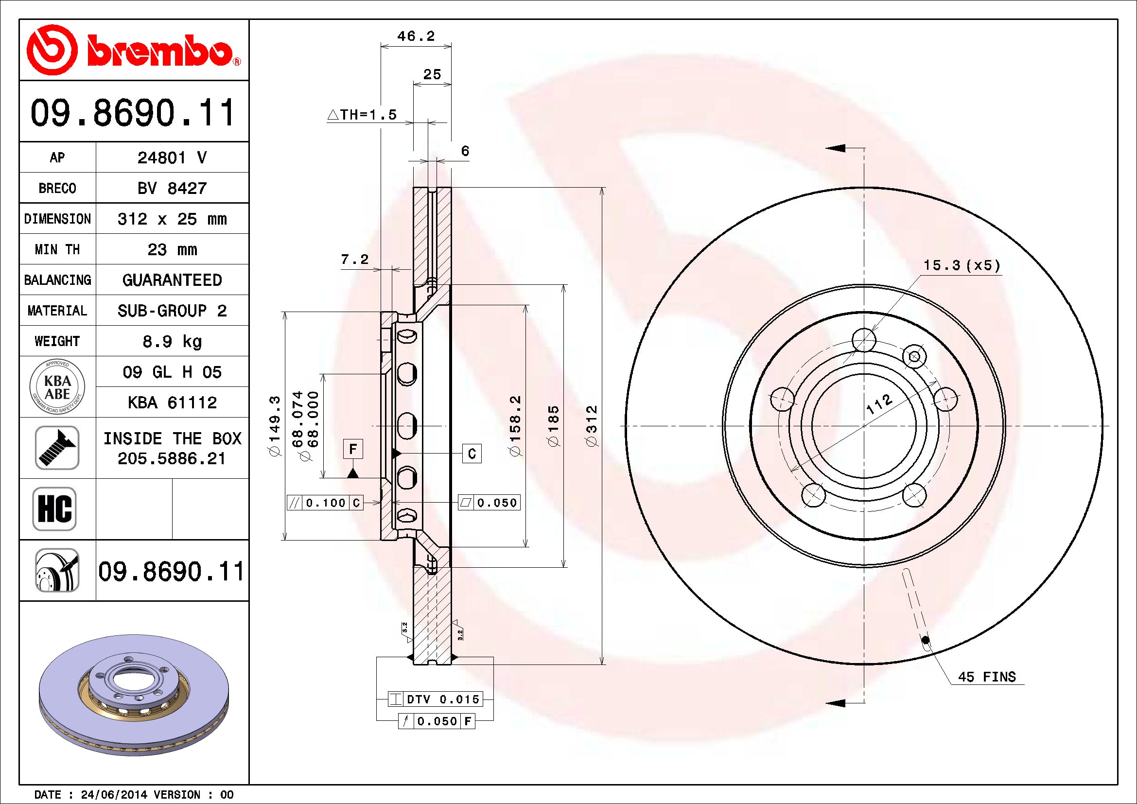 Audi Brembo Disc Brake Rotor – Front (312mm) 8E0615301R