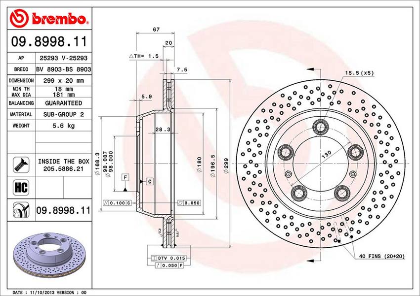 Porsche Brembo Disc Brake Rotor – Rear (299mm) 98735240101