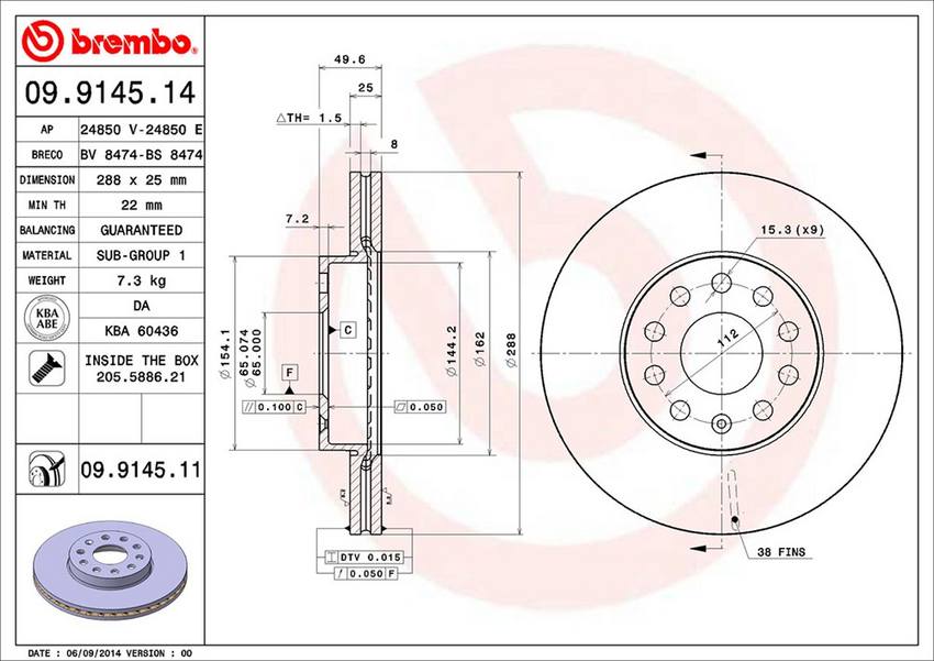 Audi VW Brembo Disc Brake Rotor – Front (288mm) 5Q0615301H