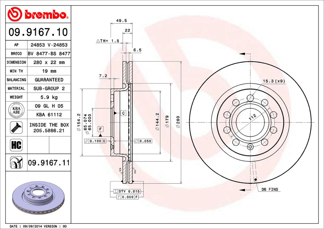 Audi Brembo Disc Brake Rotor – Front (280mm) 1K0615301AC