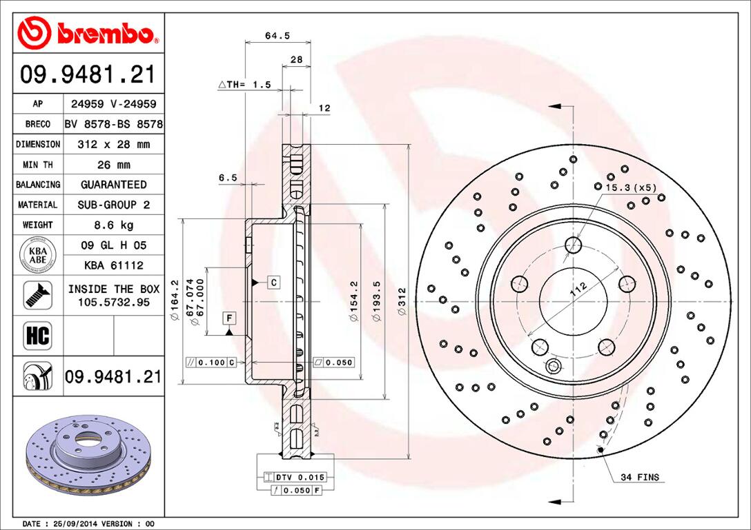 Mercedes Brembo Disc Brake Rotor – Front (312mm) 230421041264