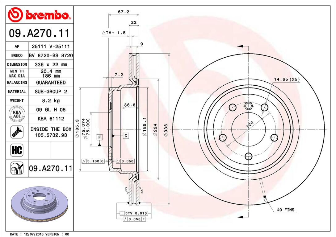 BMW Brembo Disc Brake Rotor – Rear (336mm) 34216855004