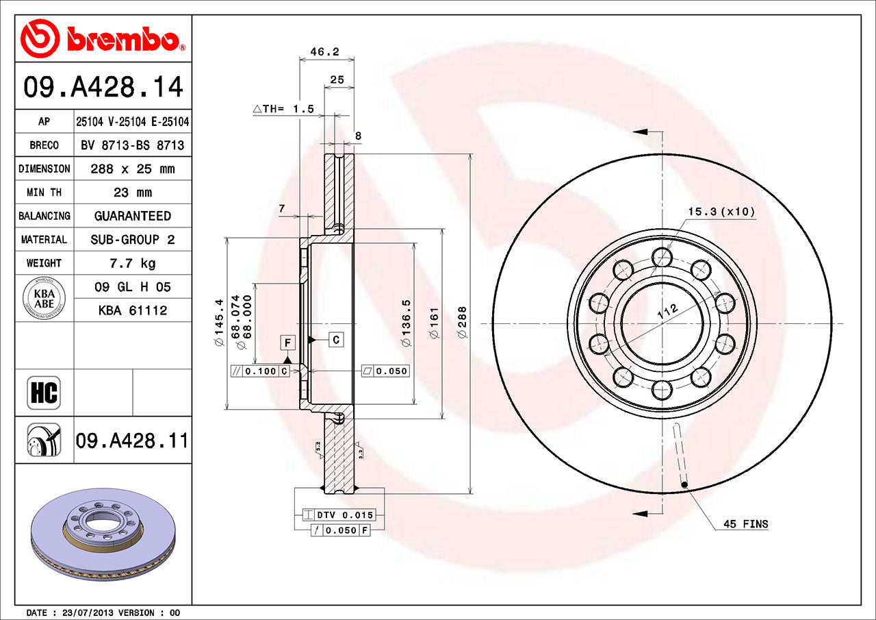 VW Brembo Disc Brake Rotor – Front (288mm) 4B0615301B