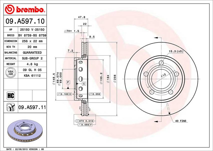 Audi Brembo Disc Brake Rotor – Rear (256mm) 8D0615601D