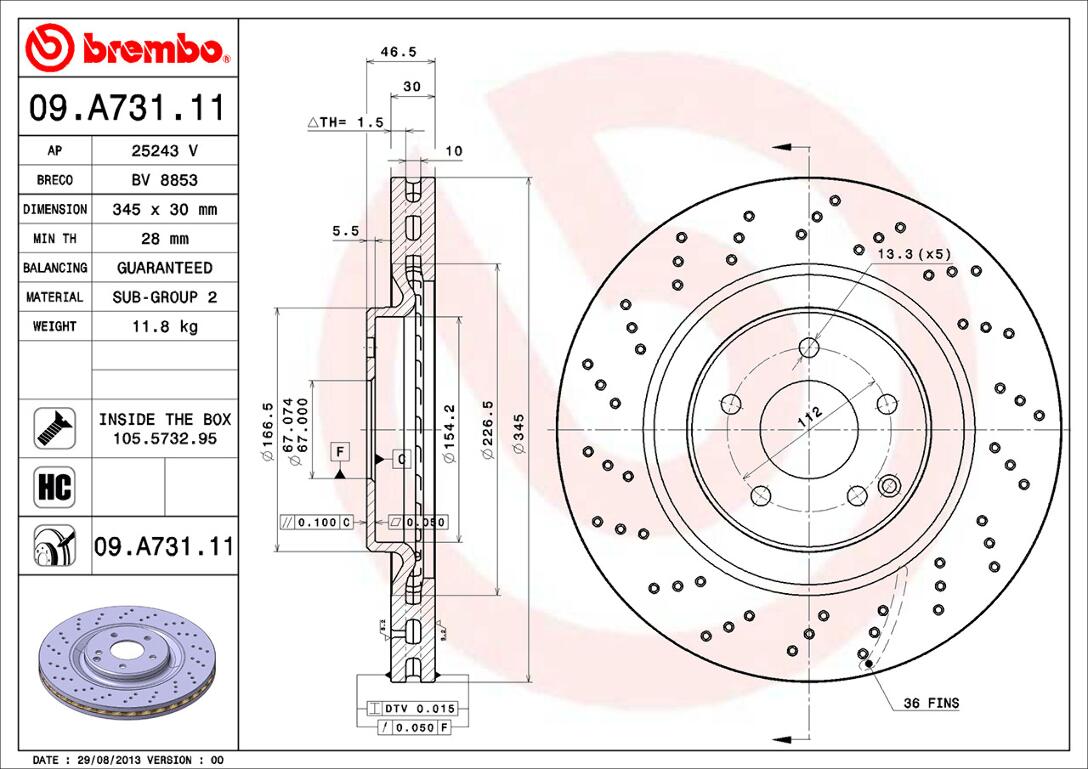 Mercedes Brembo Disc Brake Rotor – Front (345mm) (Cross-Drilled) 2034210912