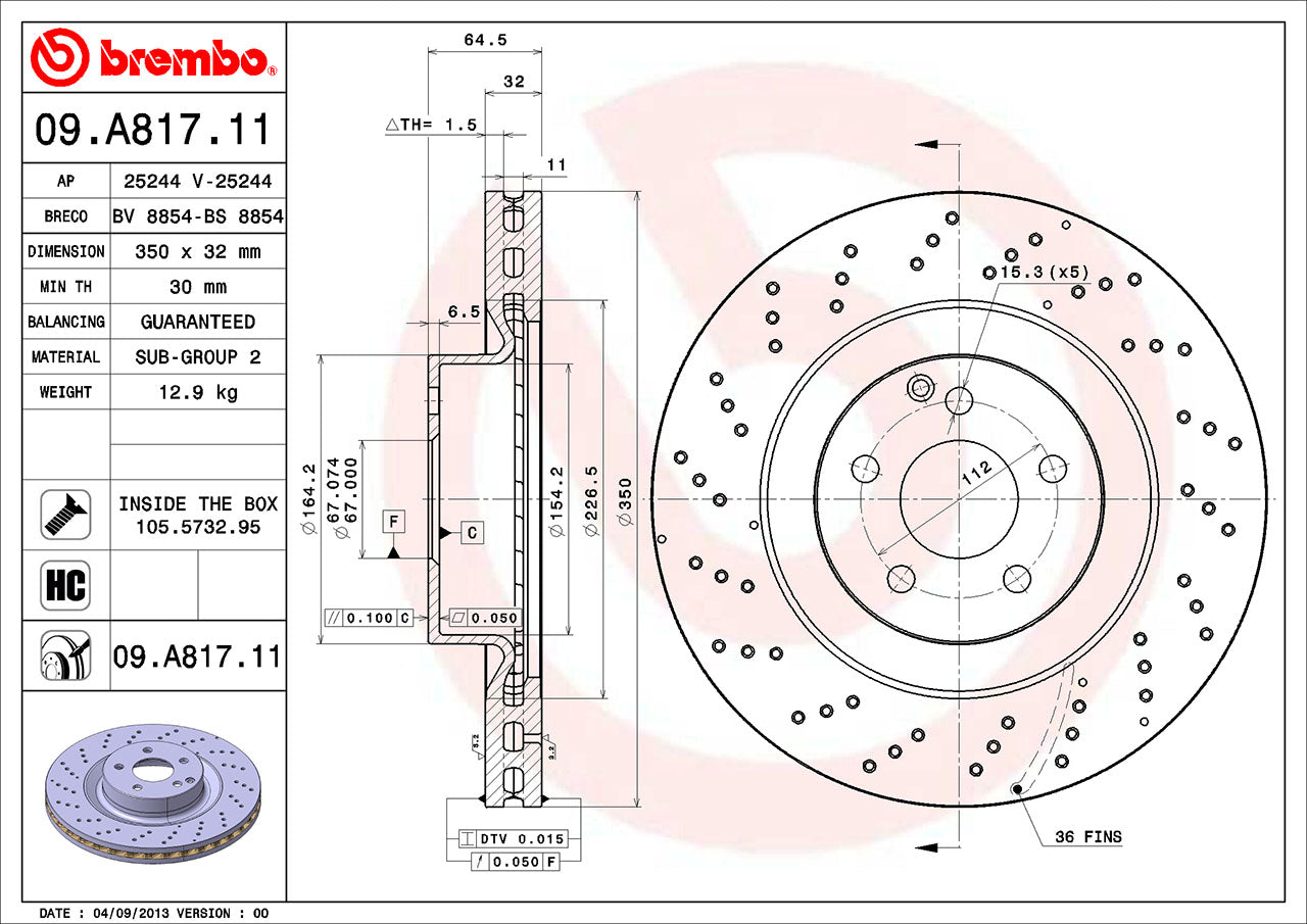 Mercedes Brembo Disc Brake Rotor – Front (350mm) (Cross-Drilled) 221421161207