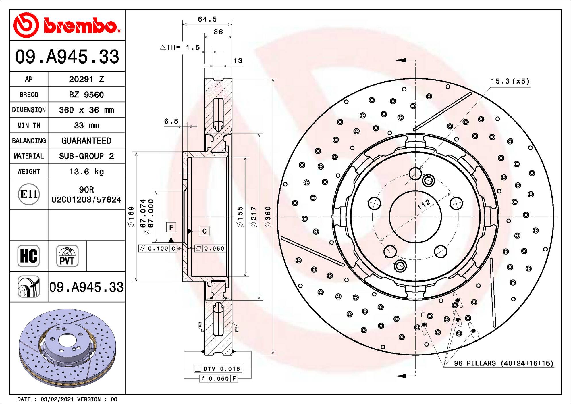 Mercedes-Benz Disc Brake Rotor – Front (360mm) (Drilled) (Slotted) 2124210512