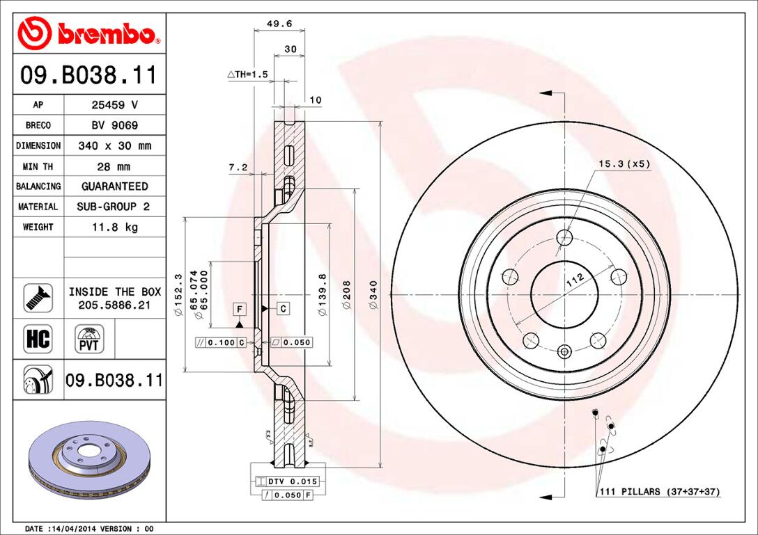 Audi Brembo Disc Brake Rotor – Front (340mm) 8J0615301