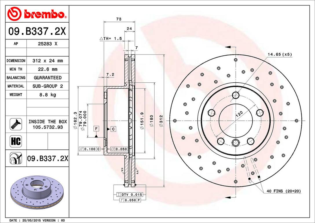 BMW Brembo Disc Brake Rotor – Front (312mm) (Cross-Drilled) 34116855006