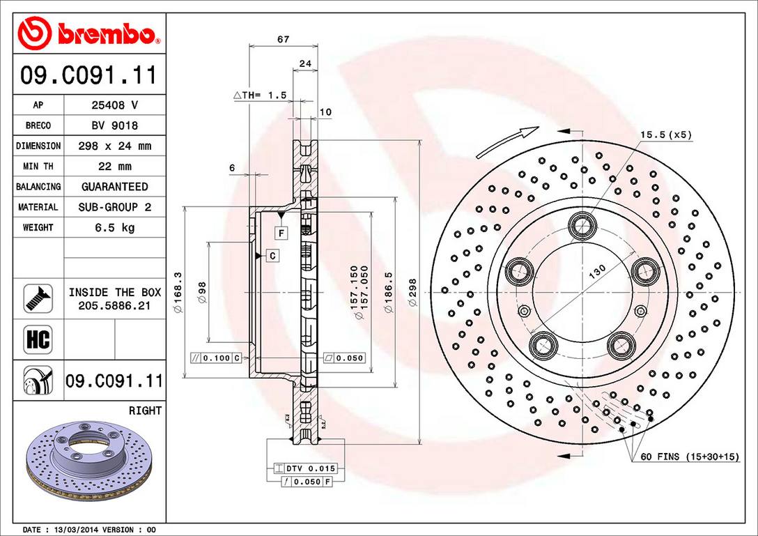 Porsche Brembo Disc Brake Rotor – Front Right (298mm) 98735140201