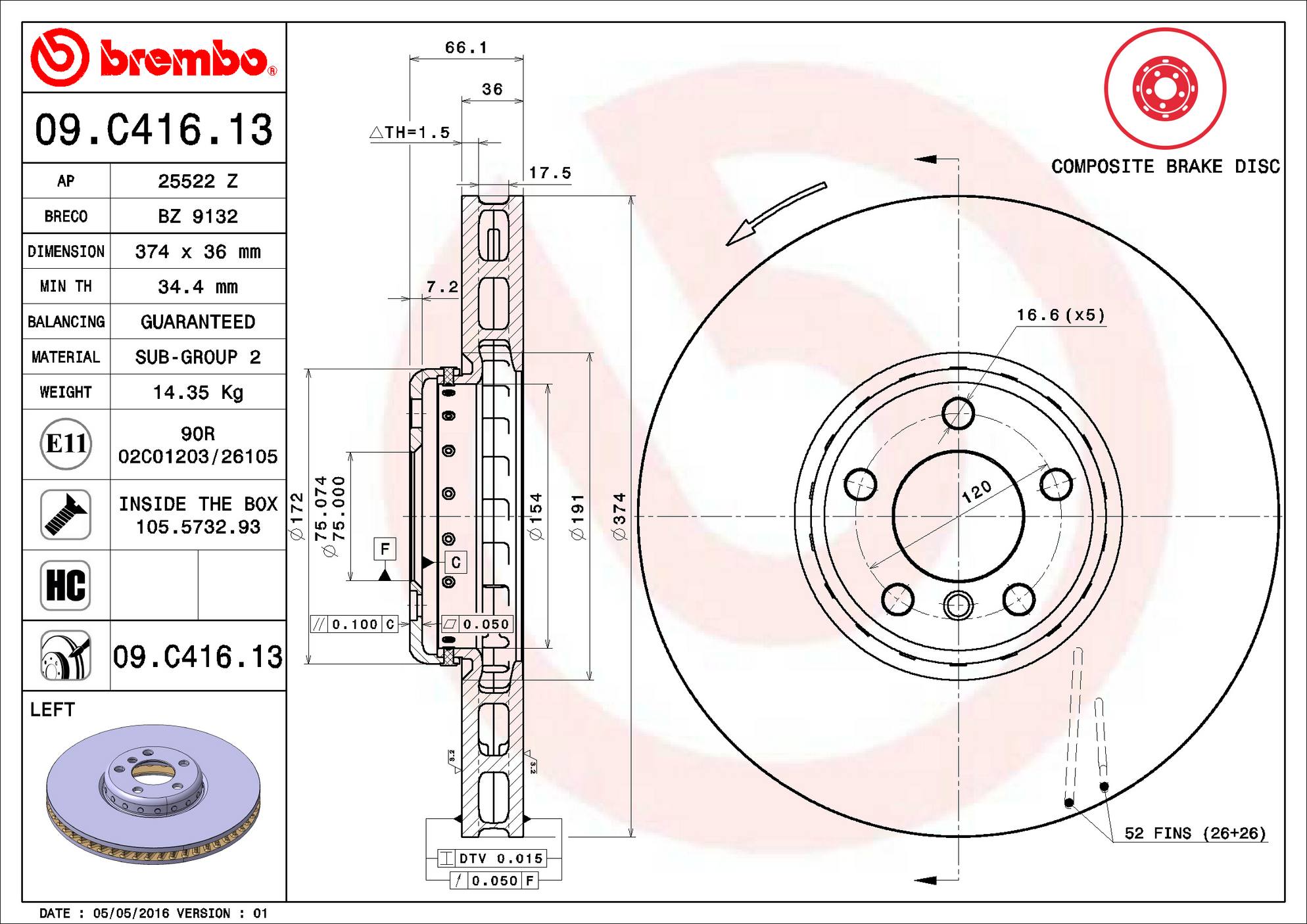 BMW Brembo Disc Brake Rotor – Front Left (374mm) 34116789543