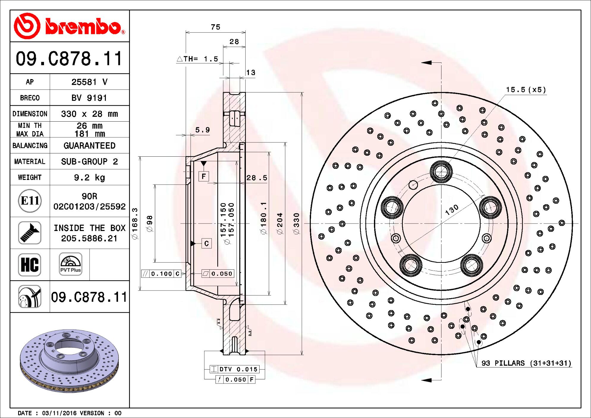 Porsche Brembo Disc Brake Rotor – Rear (330mm) (Cross-Drilled) 99635240603