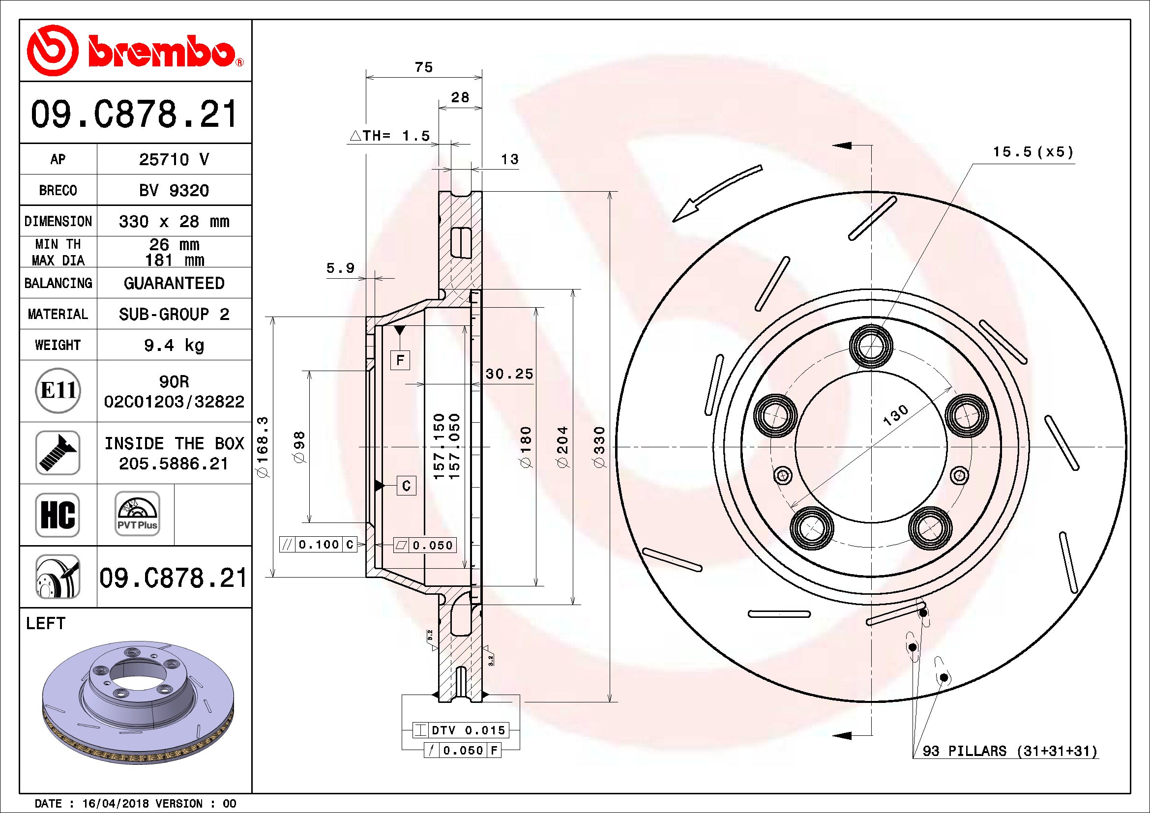 Porsche Brembo Disc Brake Rotor – Rear Driver Side (330mm) 298615601A