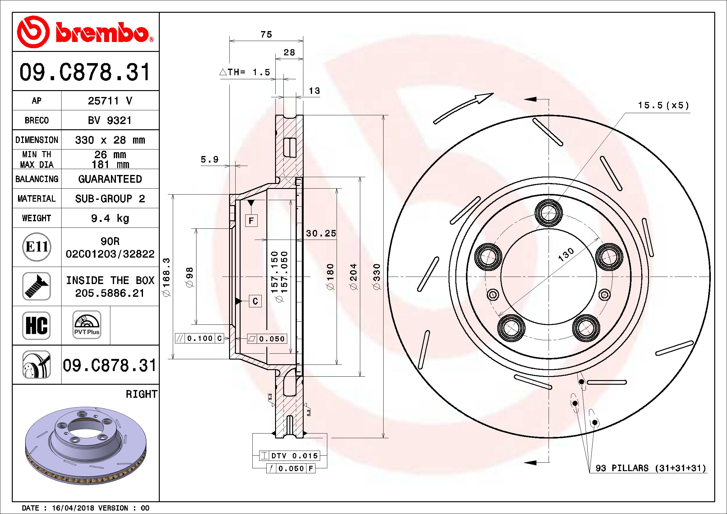 Porsche Brembo Disc Brake Rotor – Rear Passenger Side (330mm) 298615602A