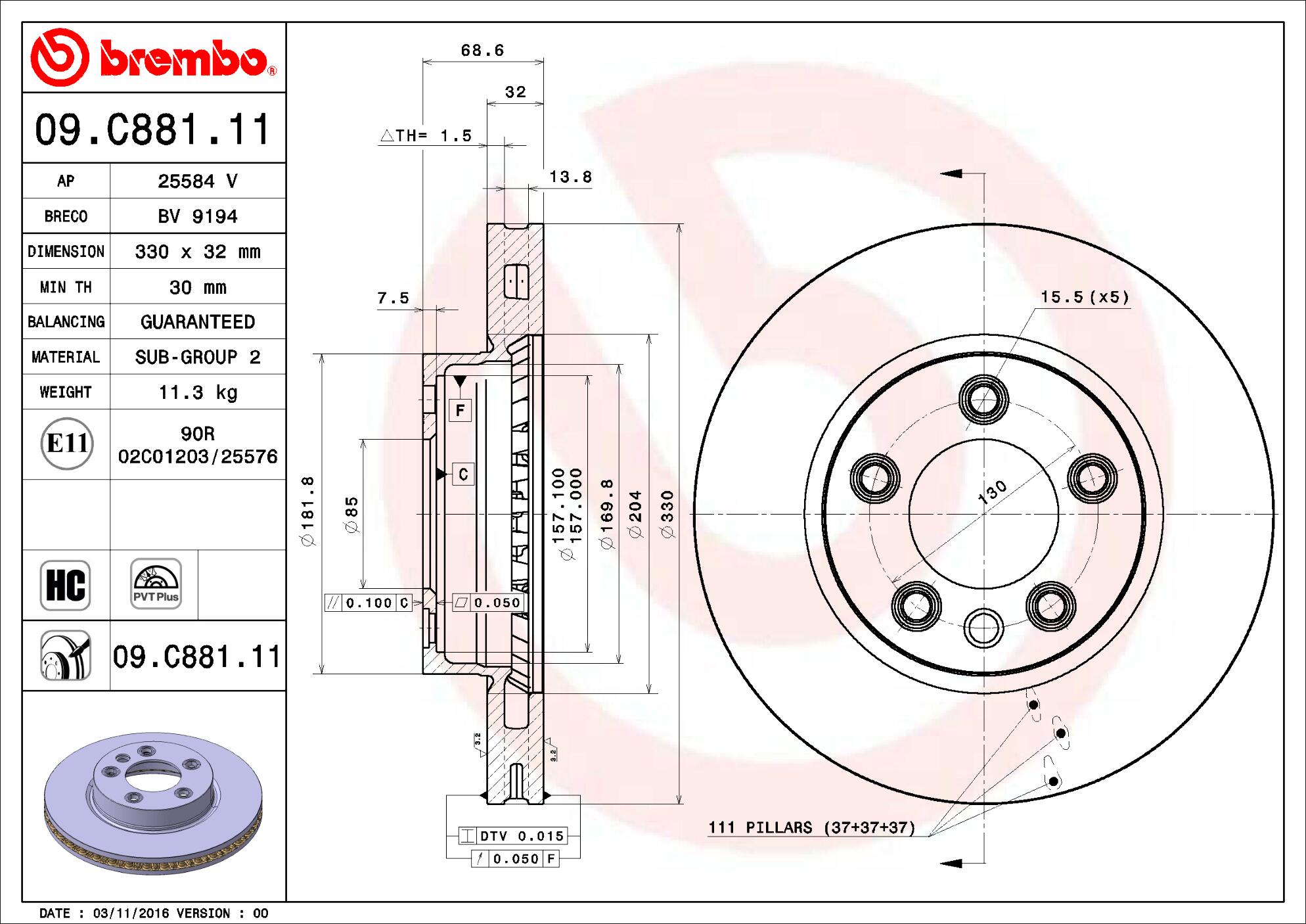 Porsche VW Brembo Disc Brake Rotor – Front (330mm) 7L6615302P