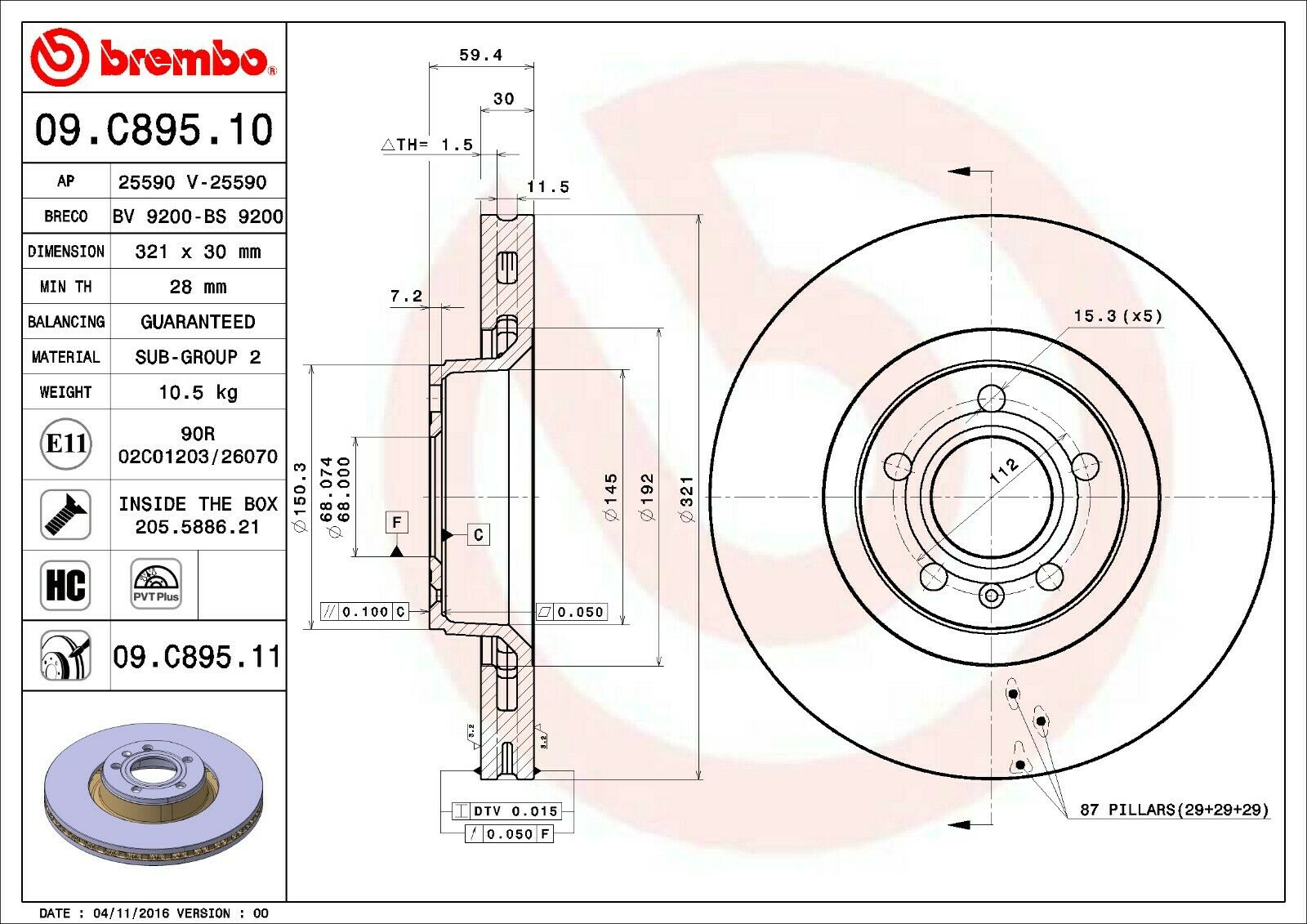 Audi Brembo Disc Brake Rotor – Front (321mm) 4F0615301E