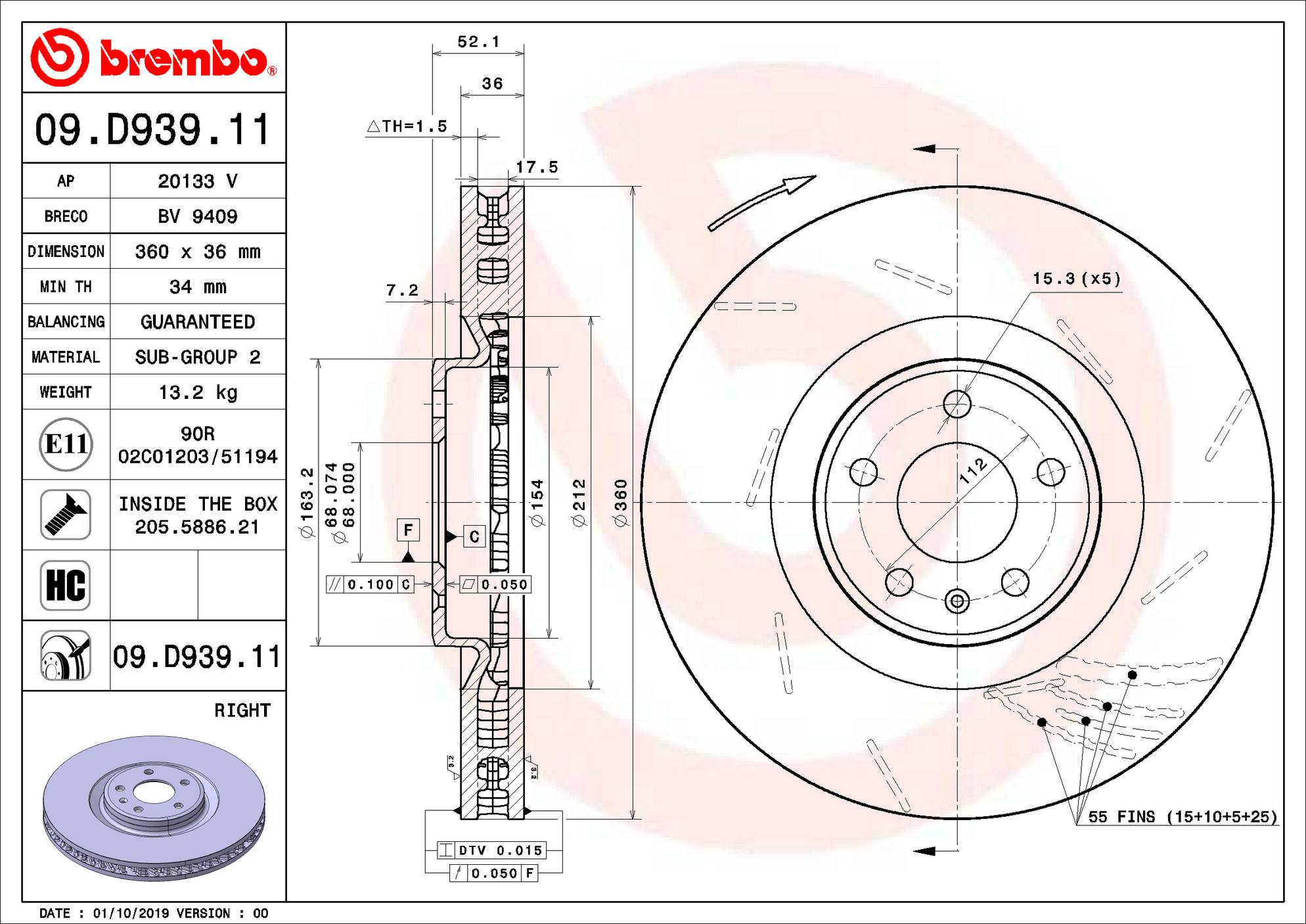 Porsche Disc Brake Rotor – Front Passenger Side – Brembo 95B615302E