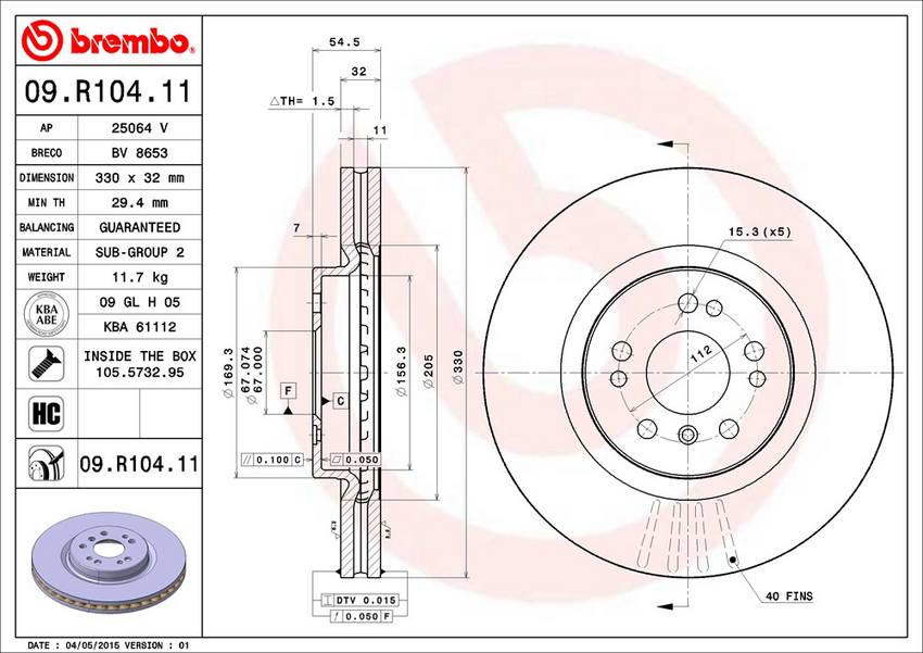 Mercedes Brembo Disc Brake Rotor – Front (330mm) 1644211312