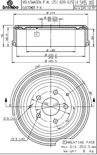 VW Brake Drum – Rear (252mm) – Brembo 14549510