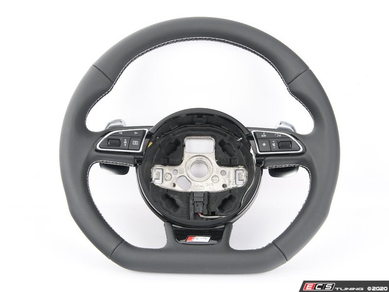 3 Spoke Flat Bottom Steering Wheel - Leather - Black/Silver stitching