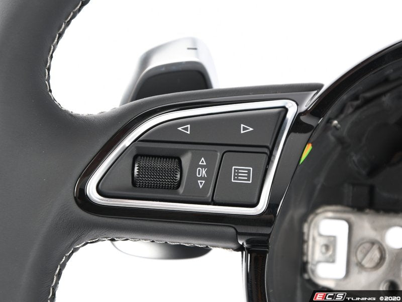 3 Spoke Flat Bottom Steering Wheel - Leather - Black/Silver stitching