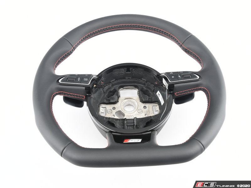 3 Spoke Flat Bottom Steering Wheel - Leather - Black/Red Stitching