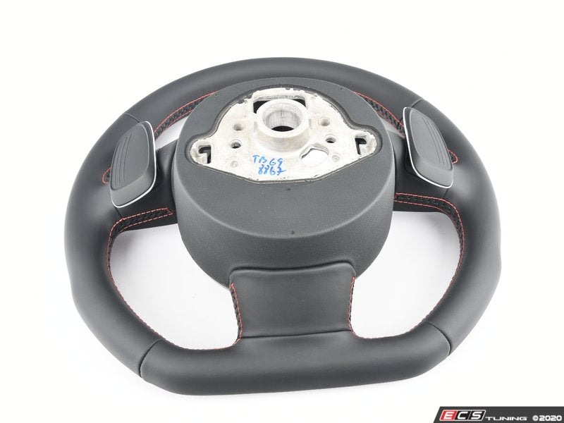 3 Spoke Flat Bottom Steering Wheel - Leather - Black/Red Stitching